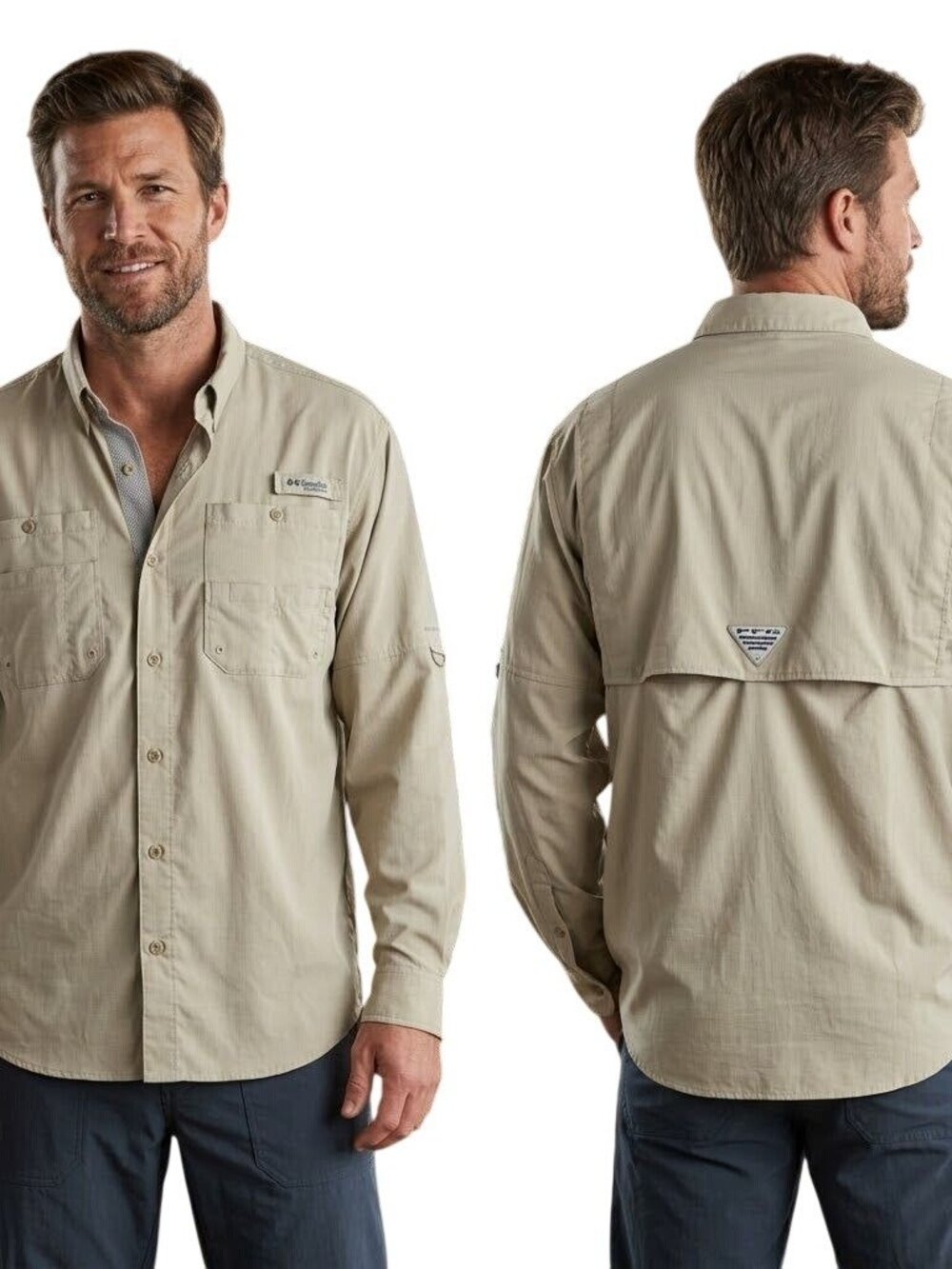 Columbia Men PFG Fishing Shirt Large Beige Long-Sleeve Vented Outdoors Button Up